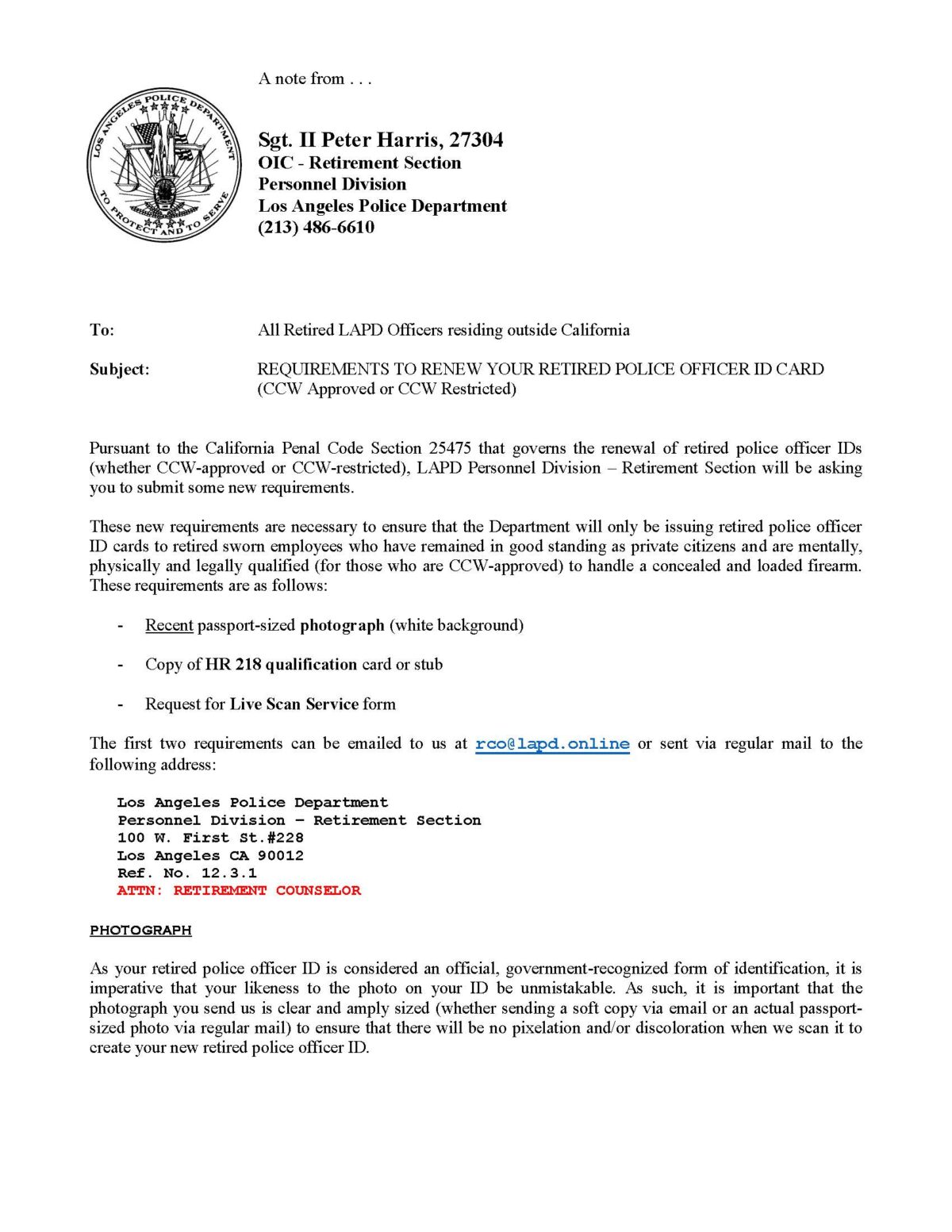 REQUIREMENTS TO RENEW YOUR RETIRED POLICE ID CARD LARFPA