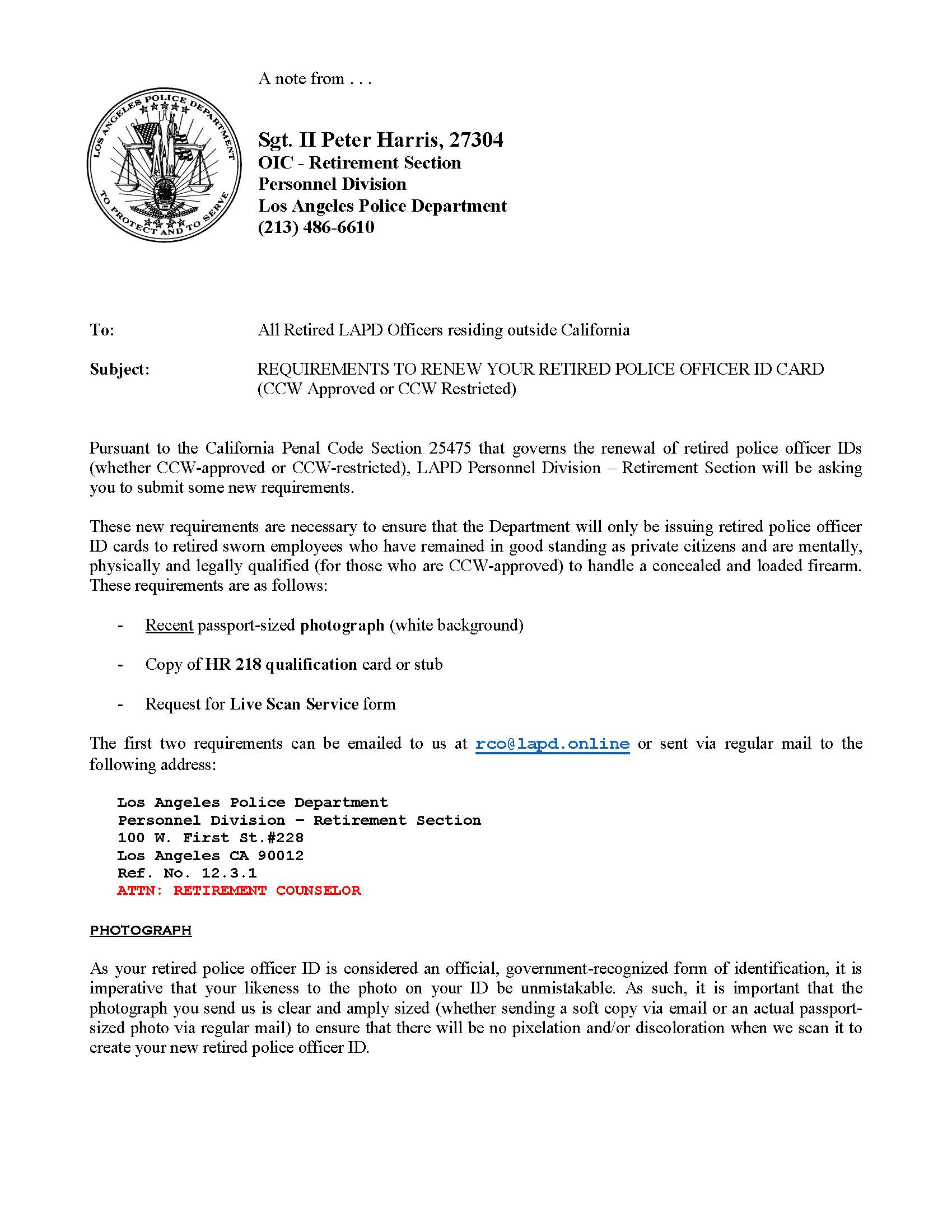 REQUIREMENTS TO RENEW YOUR RETIRED POLICE ID CARD LARFPA REQUIREMENTS TO RENEW YOUR RETIRED POLICE ID CARD LARFPA